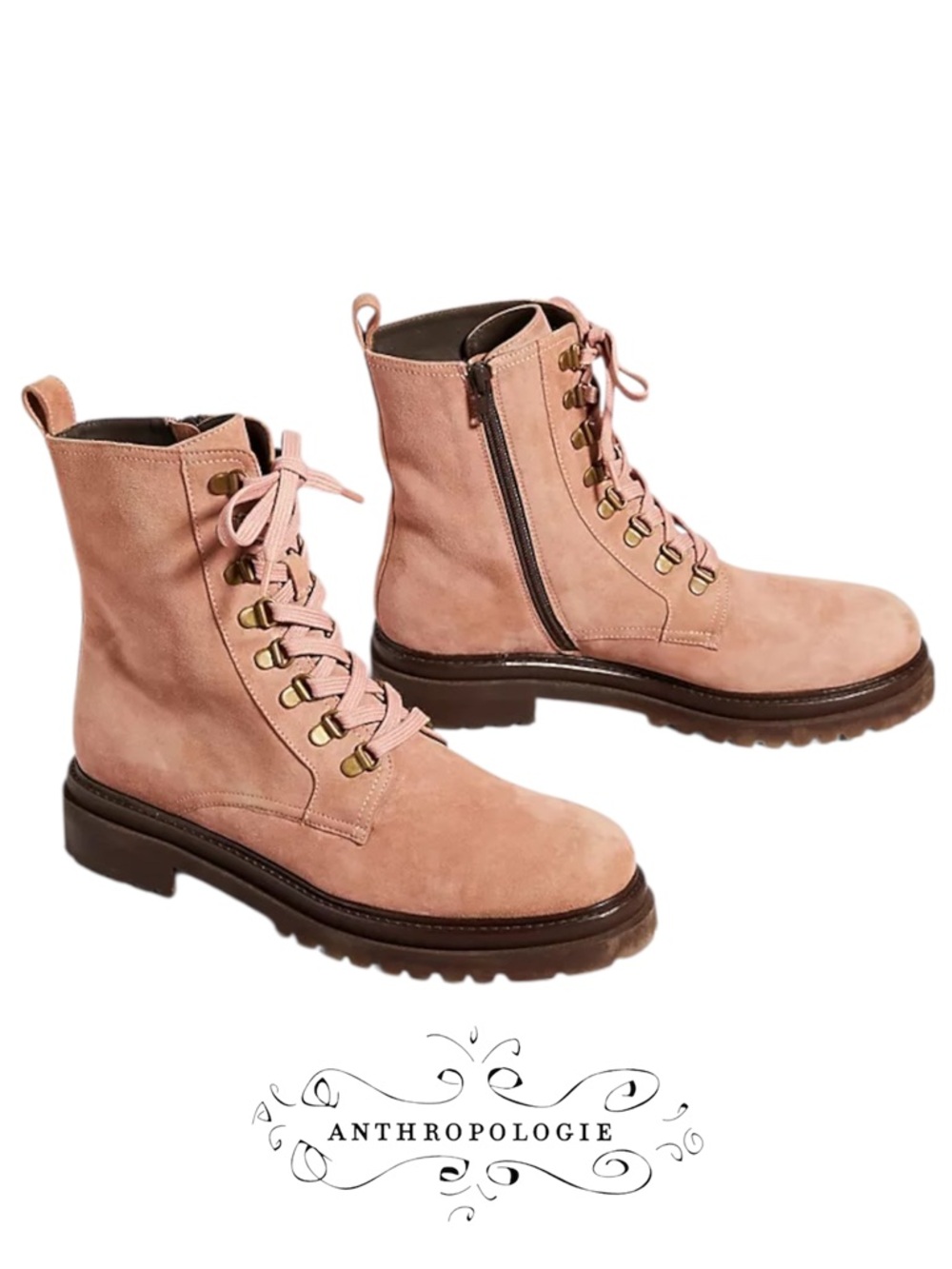 Anthropologie Shane Lace Up Boots, Pink Suede, Sz 7/37 Beautiful Condition!